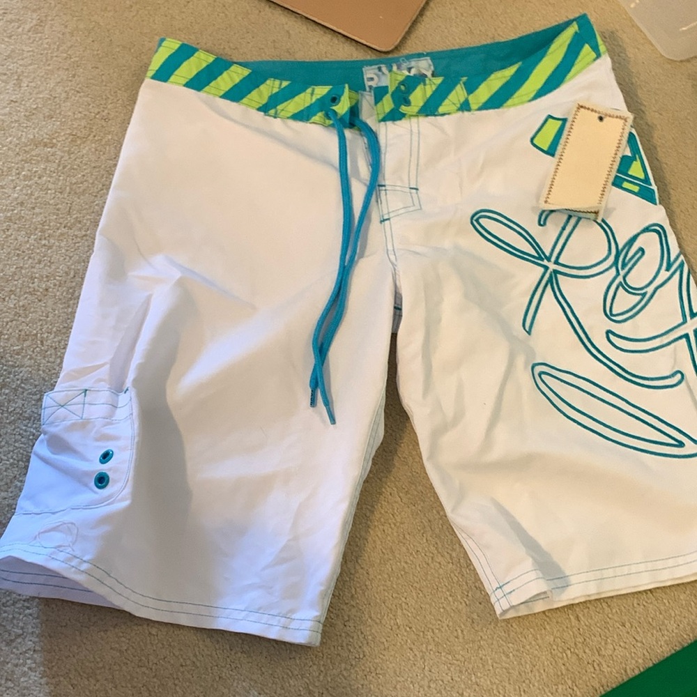 Roxy size 5 surf board shorts NWT white neon green and Teal color VTG Y2K